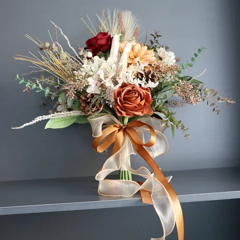 Vintage Künstlicher Hochzeit Brautstrauß Seidentuch Karamell Rose Blumen Handgebundener Strauß Outdoor Fotografie Requisiten