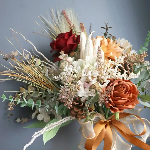 Vintage Künstlicher Hochzeit Brautstrauß Seidentuch Karamell Rose Blumen Handgebundener Strauß Outdoor Fotografie Requisiten