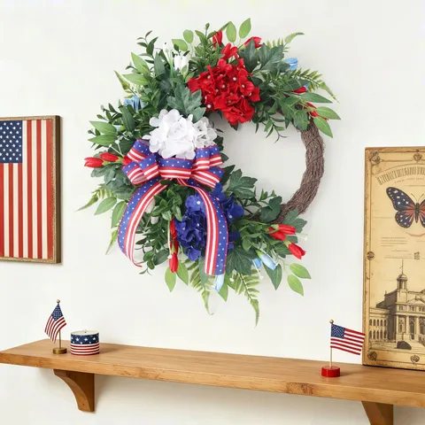Independence Day Wreath Artificial Hydrangea Garland Red White Blue Patriotic Front Door Window Garden Party Hanging Decoration