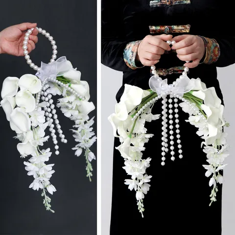 Ramo de Novia de Calas Artificiales Con Mango de Perlas Lazo de Cinta Borla Decoración Floral de Boda Accesorio de Fotografía