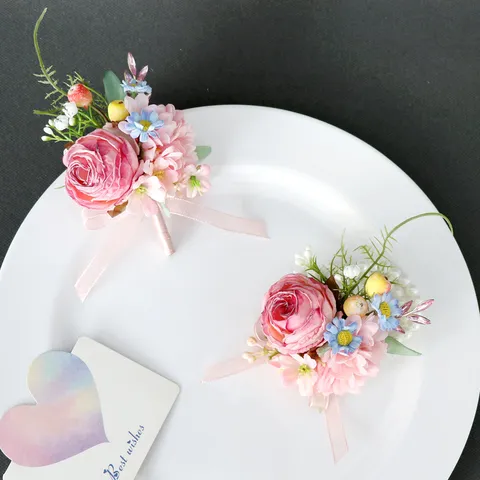 European Artificial Rose Wedding Boutonniere Pink Wrist Corsage For Bride Groom Bridesmaid Banquet Dance Party Flower Decor