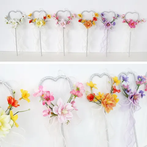 Handgefertigt Seidenblume Magischer Feenstab Herzform Glitzer Sternstab Band Perlenakzent Requisiten Für Kinder Geburtstag Hochzeit Party Fotografie Dekor