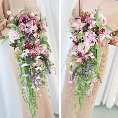 Eleganter Teardrop Wasserfall Künstlicher Brautstrauß Seidenrose Rosa Lila Handstrauß Für Hochzeit Reise Fotografie Requisite Dekor