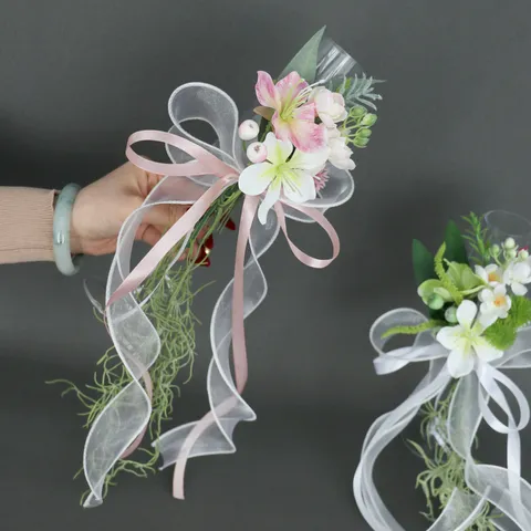 Hochzeit Weinglas Blumendekoration Künstlicher Jasmin Bandschleife Für Bankett Braut Toast Glas Auto Spiegel Deko