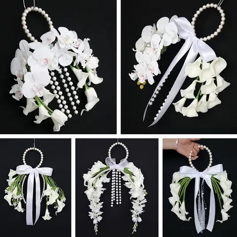 Ramo de Novia de Calas Artificiales Con Mango de Perlas Lazo de Cinta Borla Decoración Floral de Boda Accesorio de Fotografía