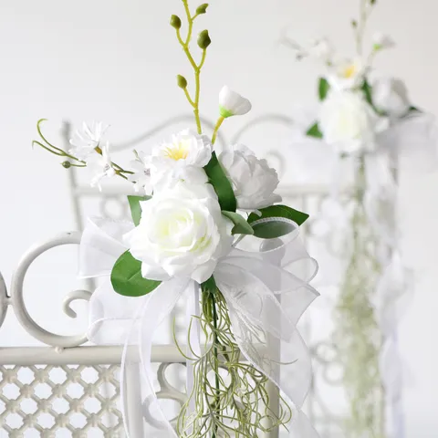 Artificial White Rose Daisy Wedding Chair Back Flowers With Ribbon For Outdoor Beach Wedding Party Reception Decoration