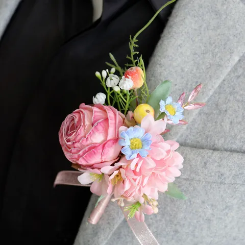 European Artificial Rose Wedding Boutonniere Pink Wrist Corsage For Bride Groom Bridesmaid Banquet Dance Party Flower Decor
