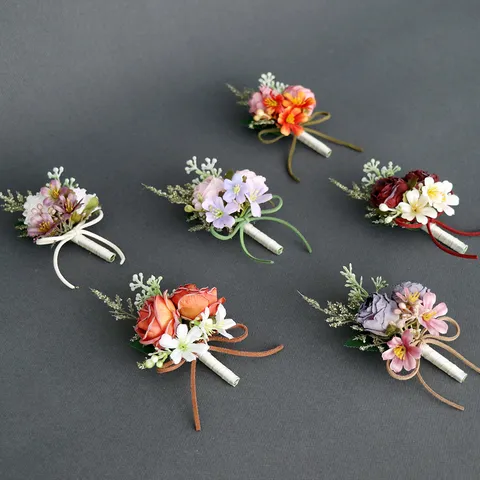 Vintage Artificial Rose Wedding Boutonniere Wrist Corsage Handmade Silk Fabric Flower Groom Groomsman Bridal Party Accessories