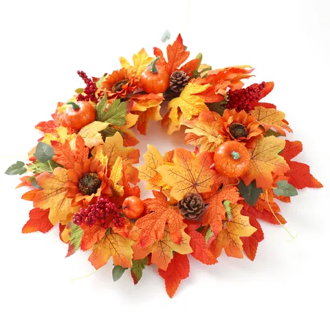 Couronne Action de Grâce Automne Feuille d'Érable Citrouille Tournesol Pour Décoration Porte Murale Saison Récolte Maison