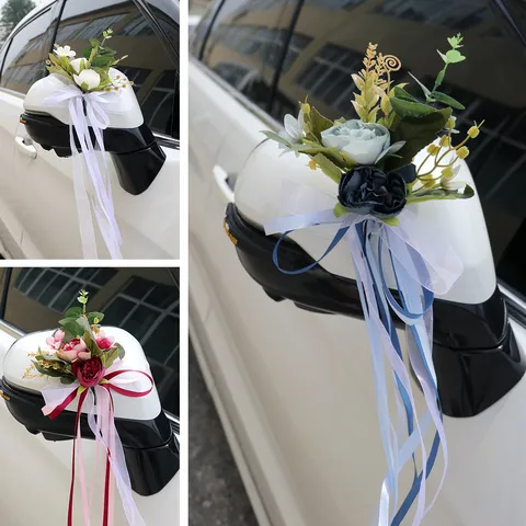 Kunstmatige Roos Bloemen Lint Strik Bruidsauto Achteruitkijkspiegel Deurklink Decor Pastoraal Feest Decoratie