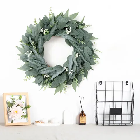 Artificial Eucalyptus Leaf Wreath Simulated Greenery Wreath For Front Door Wall Hanging Decor Green Leaf Wreath With White Berries For Home Yard Party All Seasons