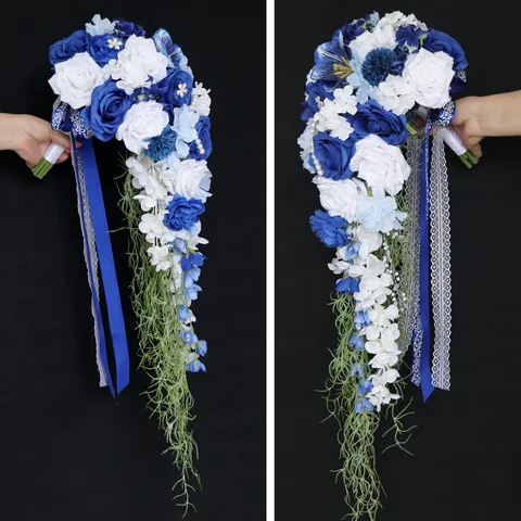 Westliche Hochzeit Wasserfall Brautstrauß Künstliche Weiß Blau Rose Blume Strass Perle Dekoration Romantische Ehe Requisiten