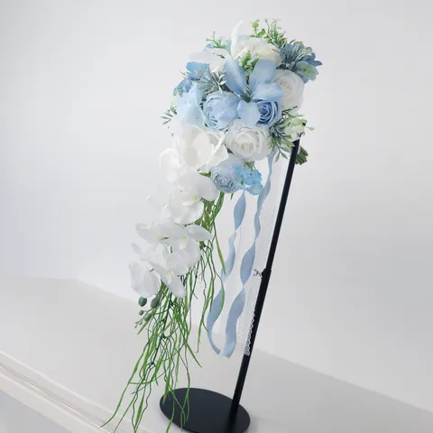 Künstliche Hochzeit Braut Wasserfall Strauß Eisblau Weiß Seide Rose Orchidee Kaskade Blume Für Kirche Fotografie Requisiten Dekor