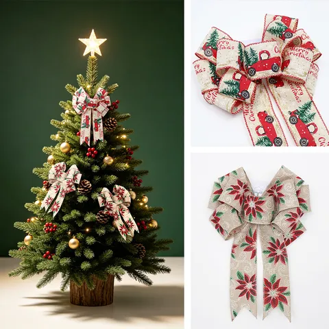 Grandi Fiocchi Decorativi Natalizi Fatti a Mano in Juta Plaid Camion Rosso Fiore Fiocchi Appesi per Albero di Natale Corrimano Scale Recinzione Ornamento per Feste