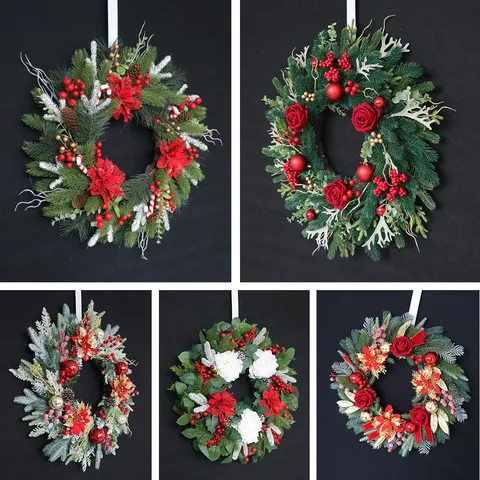 Artificial Christmas Wreath Red Rose Silk Flower Door Hanging Garland Decoration For Front Door Porch Window Xmas Festival Holiday Ornament