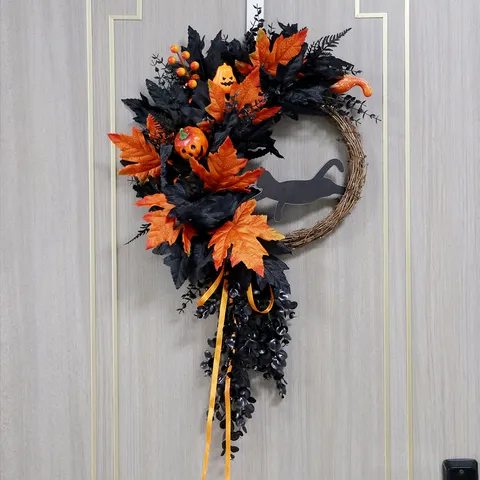 Halloween Wreath Decoration Silk Flower Rattan Hoop Spooky Crow Cat Pumpkin Ghost Festival Party Door Wall Hanging Garland Home Decor