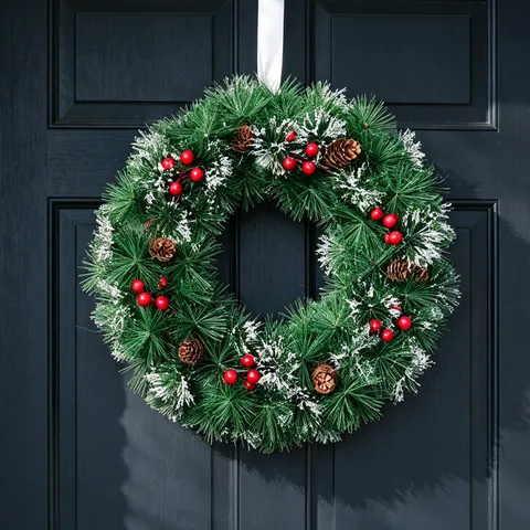 Artificial Christmas Wreath Pine Cones Red Berries Snow Xmas Hanging Garland Front Door Wall Window Holiday Decoration