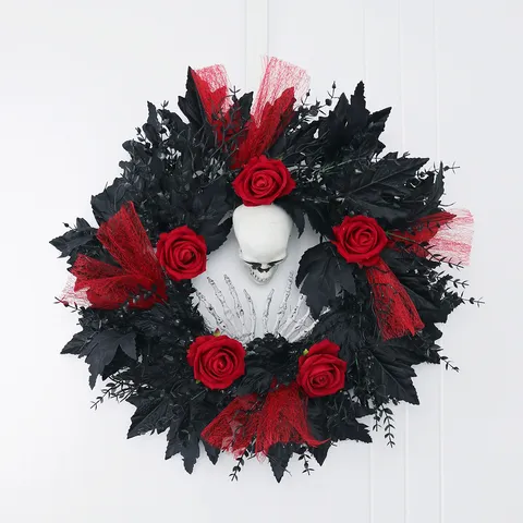Halloween Wreath Horror Ghost Festival Party Scene Decoration Silk Flower Rose Skull Bone Hand Door Wall Hanging Rattan Hoop Wreath