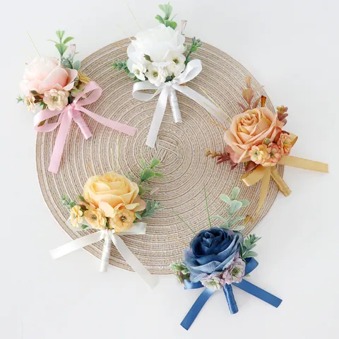 Elegant Silk Flower Wedding Boutonniere With Satin Ribbon Artificial Rose Brooch Pin For Groom Bride Handmde Ceremony Party Accessories