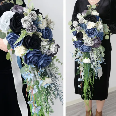 Kaskadierender Wasserfall Brautstrauß Dunstiges Blau Schwarze Rose Künstliche Hochzeitsblume Seidenrose Tränentropfen Strauß Hochzeit Fotografie Requisiten Dekoration