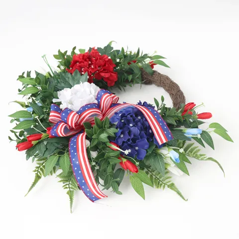 Independence Day Wreath Artificial Hydrangea Garland Red White Blue Patriotic Front Door Window Garden Party Hanging Decoration