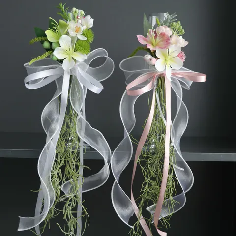 Hochzeit Weinglas Blumendekoration Künstlicher Jasmin Bandschleife Für Bankett Braut Toast Glas Auto Spiegel Deko