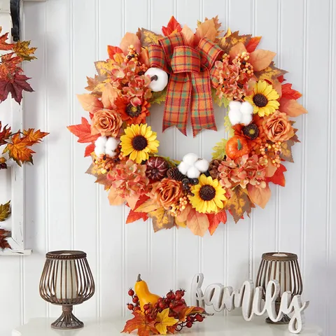 Herbst Erntedankfest Kürbis Kranz Künstliche Ahornblatt Sonnenblume Baumwolle Schleife Kranz Für Haustür Wand Deko