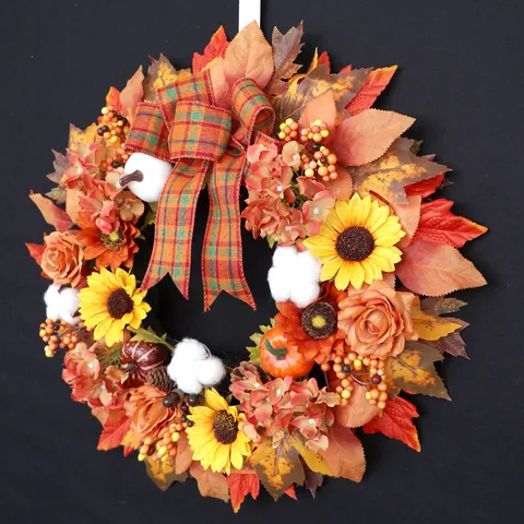 Herbst Erntedankfest Kürbis Kranz Künstliche Ahornblatt Sonnenblume Baumwolle Schleife Kranz Für Haustür Wand Deko