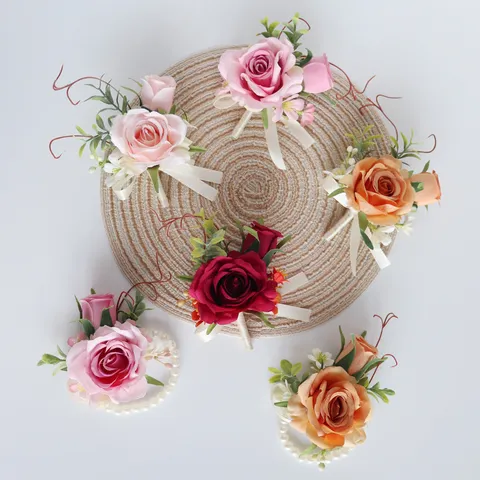 Europäischer Stil Künstliche Rose Hochzeit Ansteckblume Handgefertigte Seidenblume Handgelenk Corsage Bräutigam Party Deko