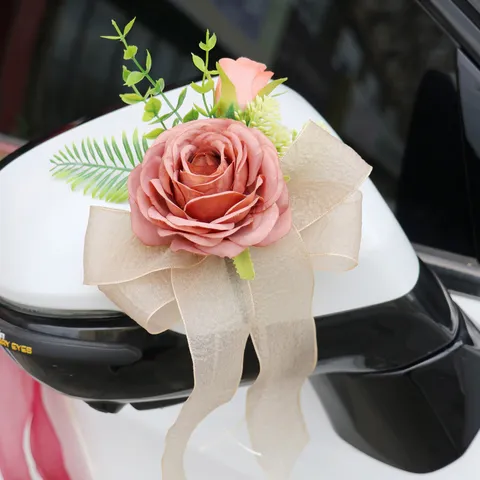 Wedding Car Rearview Mirror Door Handle Decoration Flowers Artificial Rose Chiffon Bowknot For Wedding Party Ceremony Event Decor