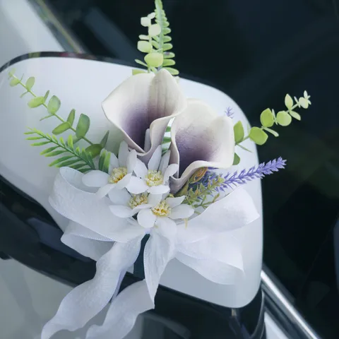 Artificial Calla Lily Wedding Car Decoration Flower With Satin Ribbon Bow For Rearview Mirror Door Handle Chair Back Wedding Party Decor