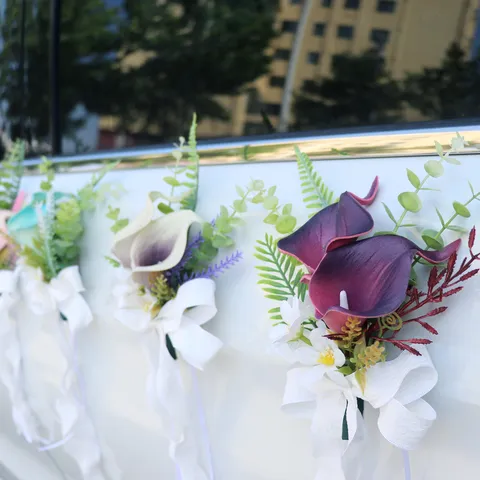 Artificial Calla Lily Wedding Car Decoration Flower With Satin Ribbon Bow For Rearview Mirror Door Handle Chair Back Wedding Party Decor
