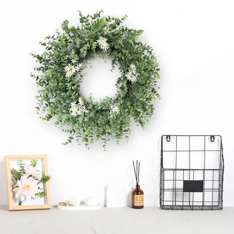 Kunstmatige Eucalyptus Krans Met Witte Bloemen Boerderij Guirlande Voor Voordeur Muur Venster Binnen Buiten Woondecoratie Pastorale Groene Krans
