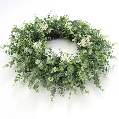 Kunstmatige Eucalyptus Krans Met Witte Bloemen Boerderij Guirlande Voor Voordeur Muur Venster Binnen Buiten Woondecoratie Pastorale Groene Krans