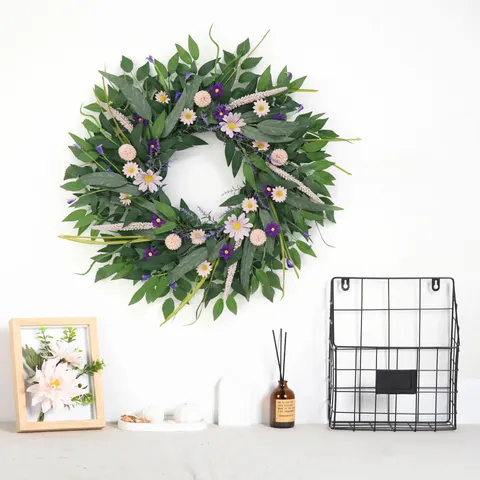 Künstliche Gänseblümchen Blumenkranz Rosa Lila Grün Blatt Girlande Für Haustür Wand Hochzeit Festival Haus Deko