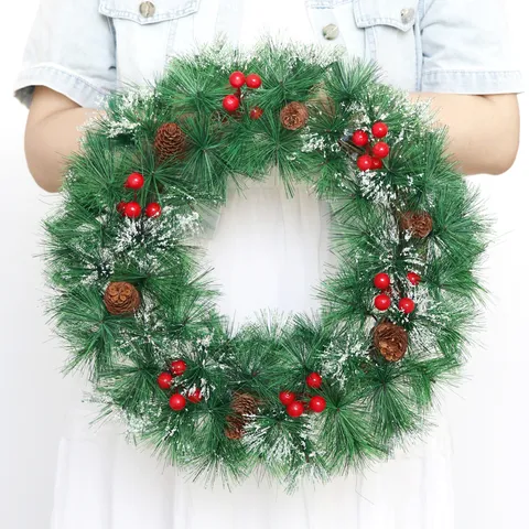 Artificial Christmas Wreath Pine Cones Red Berries Snow Xmas Hanging Garland Front Door Wall Window Holiday Decoration