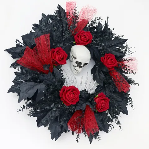 Halloween Wreath Horror Ghost Festival Party Scene Decoration Silk Flower Rose Skull Bone Hand Door Wall Hanging Rattan Hoop Wreath