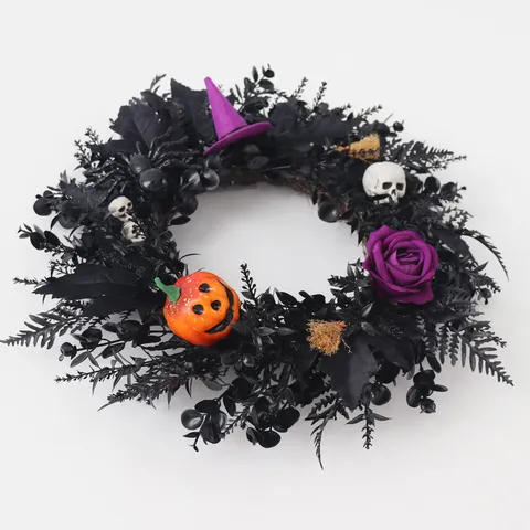 Halloween Wreath Black Vine Garland With Purple Rose Pumpkin Skull Witch Hat Horror Party Door Wall Hanging Decoration Gothic Wreath