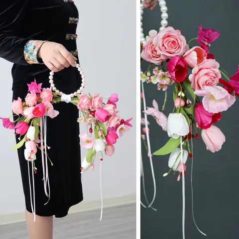Elegant Artificial Silk Rose Bridal Bouquet With Faux Pearl Handle Satin Ribbon Wedding Hand Wrist Flower Floral Arrangement For Bride Photography Decoration