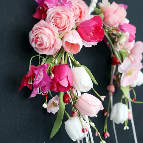 Elegant Artificial Silk Rose Bridal Bouquet With Faux Pearl Handle Satin Ribbon Wedding Hand Wrist Flower Floral Arrangement For Bride Photography Decoration