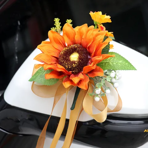 Romantische Seidenblume Künstliche Sonnenblume Schleife Band Hochzeit Auto Rückspiegel Türgriff Stuhl Zurück Dekorative Blume Blumenstrauß Dekor
