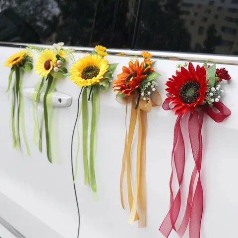 Romantische Seidenblume Künstliche Sonnenblume Schleife Band Hochzeit Auto Rückspiegel Türgriff Stuhl Zurück Dekorative Blume Blumenstrauß Dekor