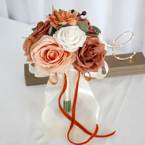 Kunstmatige Roos Bruidsboeket Met Satijnen Lint Elegant Handboeket Voor Bruidsmeisjes Kerk Ceremonie Fotografie Rekwisieten