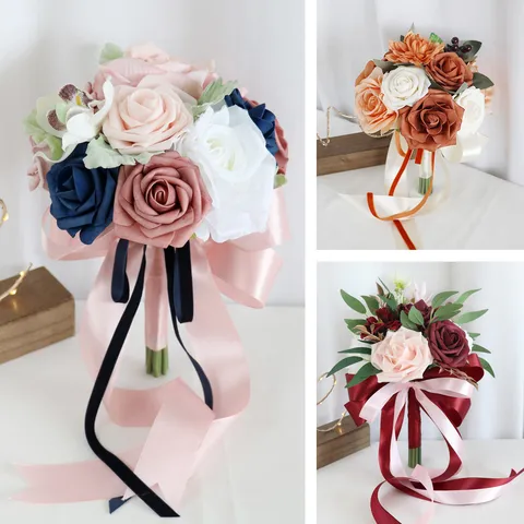 Kunstmatige Roos Bruidsboeket Met Satijnen Lint Elegant Handboeket Voor Bruidsmeisjes Kerk Ceremonie Fotografie Rekwisieten