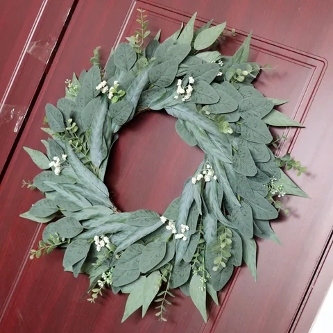 Artificial Eucalyptus Leaf Wreath Simulated Greenery Wreath For Front Door Wall Hanging Decor Green Leaf Wreath With White Berries For Home Yard Party All Seasons