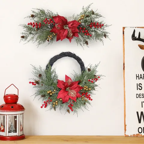 Artificial Christmas Wreath Poinsettia Swag Lintel Decor Red Berry Pinecone Green Leaf Festive Door Wall Hanging Decor