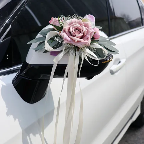 Artificial Rose Flower Wedding Car Mirror Decoration Bow Ribbon Romantic Door Handle Chair Back Decor Floral Ornament