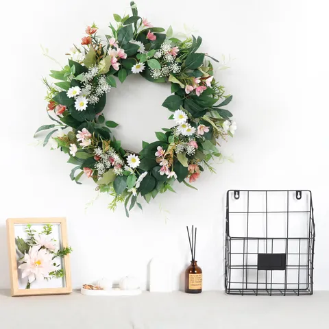 Ghirlanda di Fiori Artificiali di Margherita in Seta Decorazione per Porta Casa Matrimonio Parete Fatto a Mano Rattan Rosa Bianco