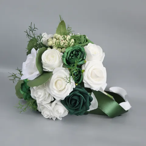 Künstlicher Brautstrauß Seidenrosen Weiß Grün Gefälschter Rosenstrauß Mit Band Beeren Für Hochzeit Feier Fotografie Deko Heim Party Dekoration