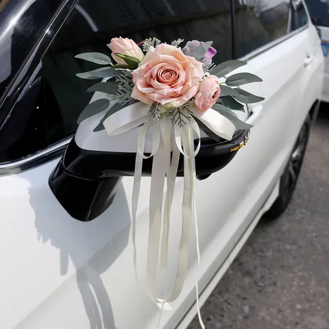 Artificial Rose Flower Wedding Car Mirror Decoration Bow Ribbon Romantic Door Handle Chair Back Decor Floral Ornament